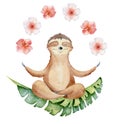 Watercolor yoga sloth in lotus position with flowers cute hand drawn illustration