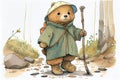 Watercolor young bear travels in a raincoat with a stick. Generative AI, Generative, AI