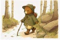 Watercolor young bear travels in a raincoat with a stick. Generative AI, Generative, AI
