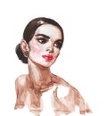 Watercolor young beautiful woman. Hand drawn black and white illustration.
