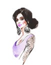 Watercolor young woman with tattoo. Hand drawn fashion illustration. Royalty Free Stock Photo