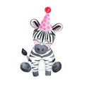 Watercolor zebra in party hat isolated on white background