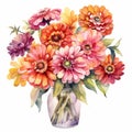 Watercolor Zinnia Bouquet: Pink And Yellow Flowers In Vase Royalty Free Stock Photo