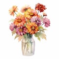 Watercolor Zinnia Bouquet In Vase Vector - Beautiful Floral Illustration Royalty Free Stock Photo