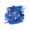 Watercolor zodiac signs Cassiopeia. Handdrawn stars on deep blue galaxy background illustration