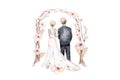 Watercolorcouple bride and groom in boho ceremony style wedding. Digital marriage illustration. Love wedding invitation