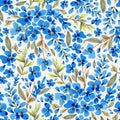 Watercolored Blue Flowers Pattern. Seamless flowers and leaves design.