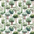 Watercolored green oak tree seamless pattern. Landscape background