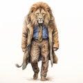 Watercolored Lion In A Vintage Coat And Tie: Hyperrealistic Wildlife Art With A Satirical Twist