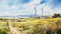 Watercolored painting of a windfarm on a meadow