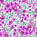 Watercolored Pink Flowers Pattern. Seamless flowers and leaves design.