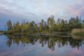 Watercolored Sunset autumnal riverscape with symmetry reflection