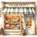 Watercolors of a bakery shop with many bakeries in a cabinet by generative AI