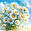 Watercolors of bunch of daisies with blue sky by generative AI Royalty Free Stock Photo