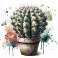 A watercolors of a cactus pot with watercolors splash