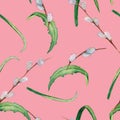 Watercolors draw a spring seamless pattern on a pink background, consisting of twigs with buds and grass.