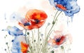 Watercolors flowers background, red poppies flowers made from watercolor paint splashes. Generative AI