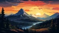 Vibrant Sunset Mountain Landscape Illustration In The Style Of E. Munch