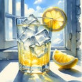 A watercolors of a glass of lemon juice with ice