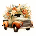 A watercolors of an old small truck with orange shade flowers and leaves