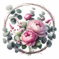 Watercolors of a bouquet pink roses with green leaves in a circle by generative AI