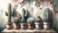 A watercolors of cactus pots with an old wall