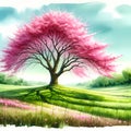 Watercolors painting of a cherry blossom tree on the green field by generative AI Royalty Free Stock Photo