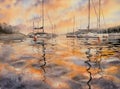 Sailboats in bay at sunset