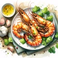 A watercolors painting of grilled shrimps on a plate with a garlic sauce