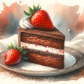 A watercolors of a piece of chocolate cake with buttercream