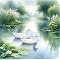 A watercolors of two white ducks swimming in a green river by generative AI Royalty Free Stock Photo