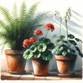 Watercolors of plants pots with white wall by generative AI