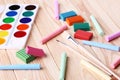 Watercolors, plasticine, crayons and brushes Royalty Free Stock Photo