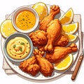 A watercolors of plate of fried drumsticks with lemon sauce