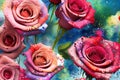 Watercolors roses flowers background, abstract flowers made from whatercolor paint splashes