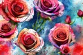 Watercolors roses flowers background, abstract flowers made from whatercolor paint splashes