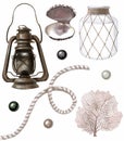 Watercolors set. Handmade items: rope, shell, bottle, pearl, coral, lantern. Isolated design objects on a white