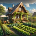 Watercolors of a small house with vegetables garden by generative AI