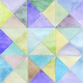 Watercolors triangles and squares, multicolored ornament, seamless pattern purple blue lilac green brown beige