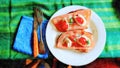 Watercolorstyle representing a plate with two sandwiches with mortadella, mozzarella, tomato, basil and extra virgin olive oil