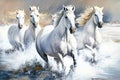 Watercolour abstract animal horse painting of white horses running through river stream Royalty Free Stock Photo