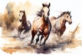 Watercolour abstract animal painting of brown horses running through a river Royalty Free Stock Photo