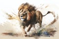 Watercolour abstract animal painting of an isolated male lion running in the jungle with dust and sand Royalty Free Stock Photo