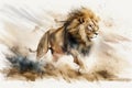 Watercolour abstract animal painting of an isolated male lion running in the jungle with dust and sand Royalty Free Stock Photo