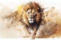 Watercolour abstract animal painting of an isolated male lion running in the jungle with dust and sand Royalty Free Stock Photo