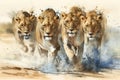 Watercolour abstract animal painting of a pride of female lions running forward
