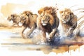 Watercolour abstract animal painting of a pride of lions running fiercely across a river Royalty Free Stock Photo