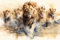 Watercolour abstract animal painting of a pride of lions running fiercely across a river