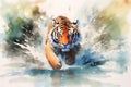 Watercolour abstract animal painting of a tiger running across a river