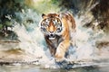 Watercolour abstract animal painting of a tiger running across a river